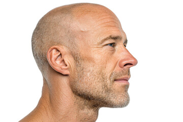 Obraz premium Profile of a bald man studio portrait photography neutral background. Isolated on transparent background, png.