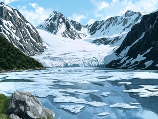 Obraz premium Majestic Glacier Landscape with Melting Ice and Snowy Mountains