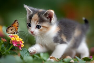 Curious kitten observing a butterfly on colorful flowers in a garden setting
