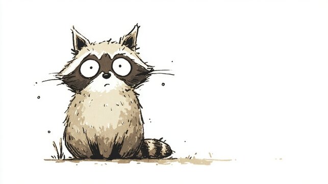 A quirky raccoon with large, expressive eyes sits on the ground, surrounded by sparse grass. Its unique features and playful expression highlight its offbeat character, evoking amusement