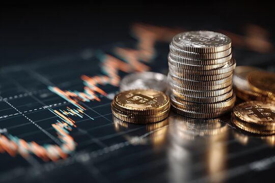 Digital cryptocurrency coins on financial graph background - Powered by Adobe
