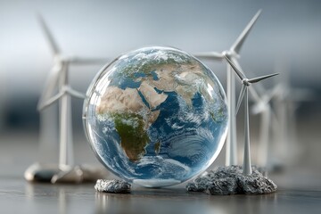 Naklejka premium Sustainable global power represented by a glass globe surrounded by wind turbines and solar panels.