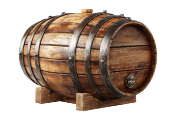 Crafted wooden barrel distillery product photography studio close-up. Isolated on transparent background, png.