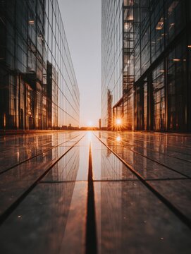 Sunset reflections on a city street between modern glass buildings.