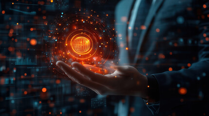 Fototapeta premium a confident businessman holding a glowing goal icon with futuristic business graphs in background