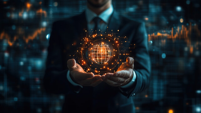 a confident businessman holding a glowing goal icon with futuristic business graphs in background