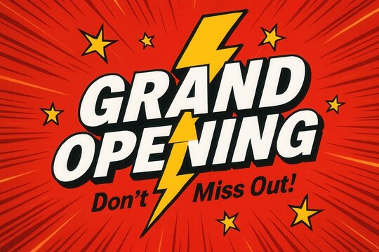 Bold, dynamic advertisement design with "Grand Opening" text and a lightning bolt motif on a vibrant red background, accented by stars for promotional purposes.