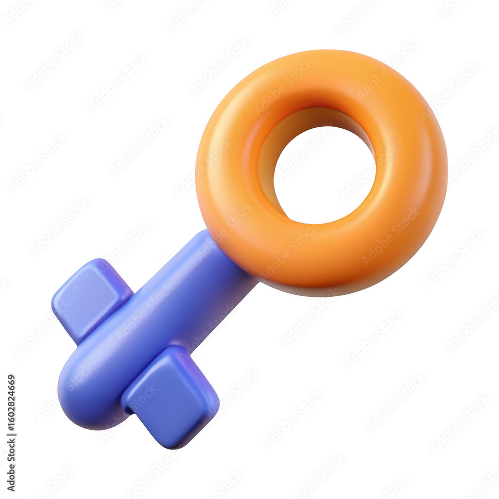 Poster 3d key with orange ring and blue handle isolated on transparent background