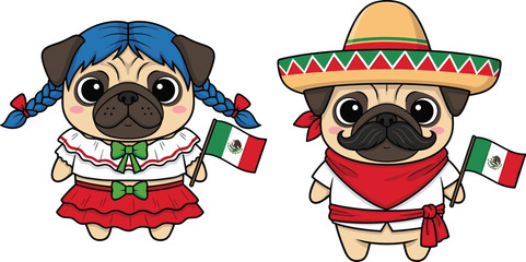 Cute cartoon pug dogs in traditional Mexican costumes holding flags, celebrating Mexico culture, Cinco de Mayo, national costume illustration