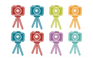 Collection of eight colorful vintage cameras mounted on tripods displayed in two rows against a white background