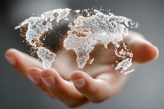 Hands cradling a digital globe, symbolizing global sustainability and renewable energy.
