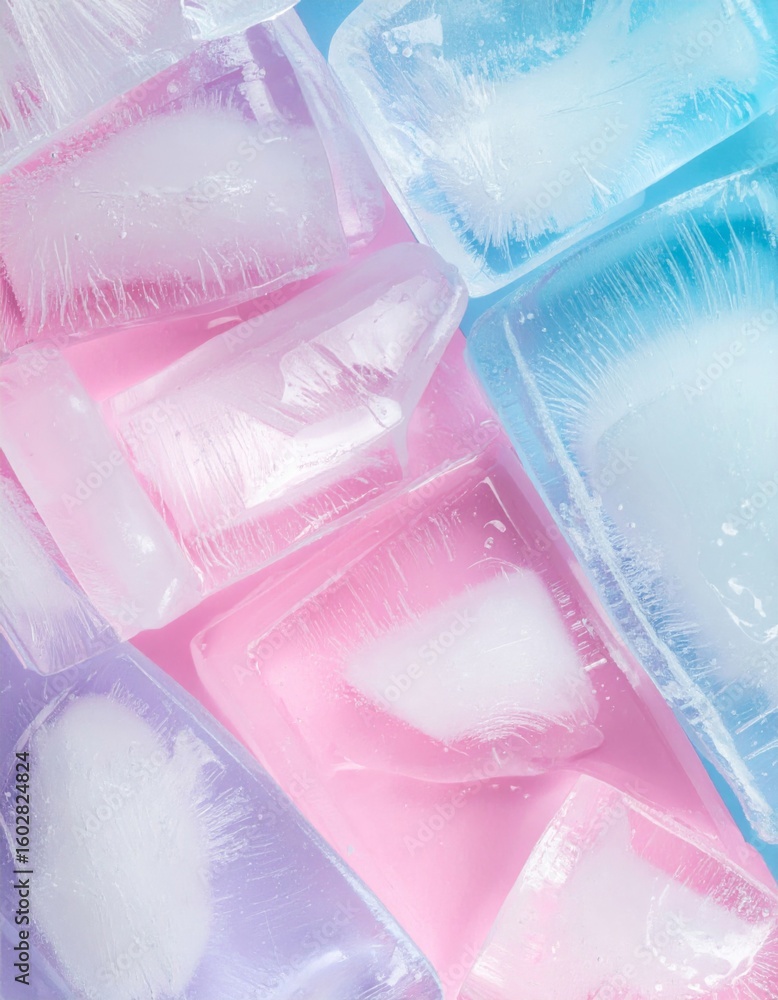 Poster pile of translucent ice cubes on pink and blue background with sharp focus
