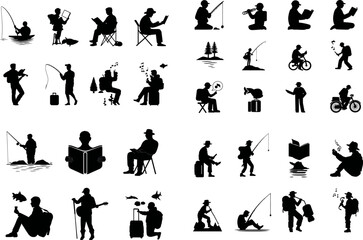 Vector silhouettes of people enjoying leisure activities such as reading and fishing
