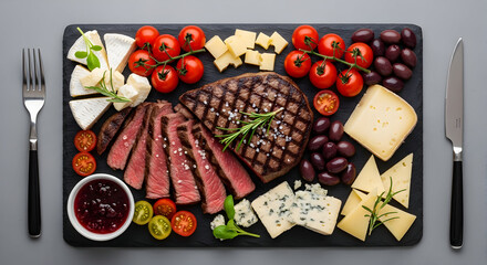 Assorted Gourmet Steak and Cheese Platter with Fresh Vegetables and Olives, Ready to Serve