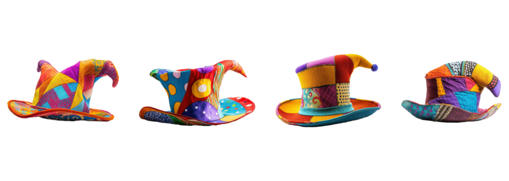 A collection of clown hats in bright and playful colors, isolated on a transparent background. PNG