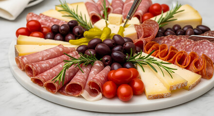 Assorted Gourmet Charcuterie Platter with Salami, Cheeses, Olives, and Fresh Tomatoes on a Marble Board