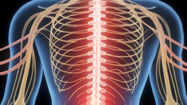 Vibrant 3D animation of the human nervous system displaying neural pathways and spinal cord with glowing pain or energy