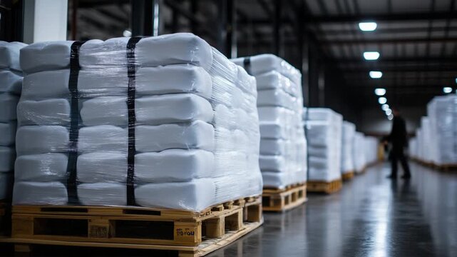 Foam mattresses wrapped in protective film, stacked on pallets in a busy distribution center.