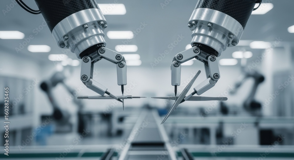 Poster closeup of robotic grippers handling precision tools in an automated manufacturing environment.