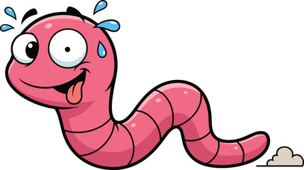 Funny cartoon pink worm character sweating, comic bug illustration with silly face, soil background, vector mascot for kids animation project