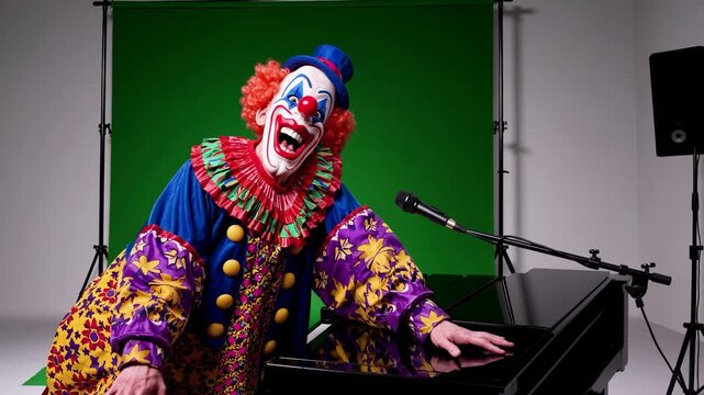 Clown sitting at a piano. Clown in colorful clown costume. Male entertainer performing in a studio microphone. A jester seated at a piano lifestyle.