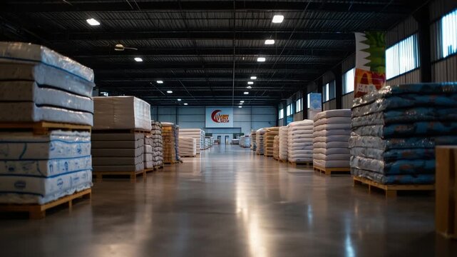 Eco-friendly warehouse showcasing carbon footprint reduction posters and featuring towering stacks of pre-owned mattresses.