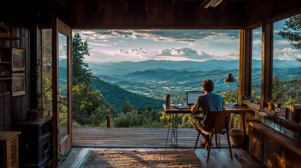 Remote work in scenic mountain retreat productivity and tranquility combined digital nomad lifestyle working from nature cabin workspace