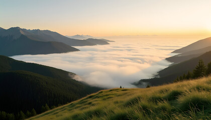 Sunrise Over Mountain Valley with Sea of Clouds