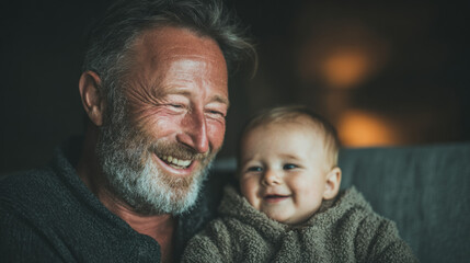 Joyful Grandfather and Baby Portrait Capturing Pure Happiness and Connection in a Cozy Indoor Setting with Soft Lighting and Warm Expressions