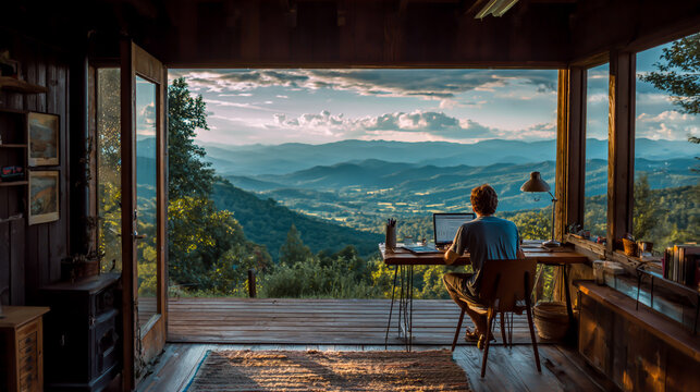 Remote work in scenic mountain retreat productivity and tranquility combined digital nomad lifestyle working from nature cabin workspace