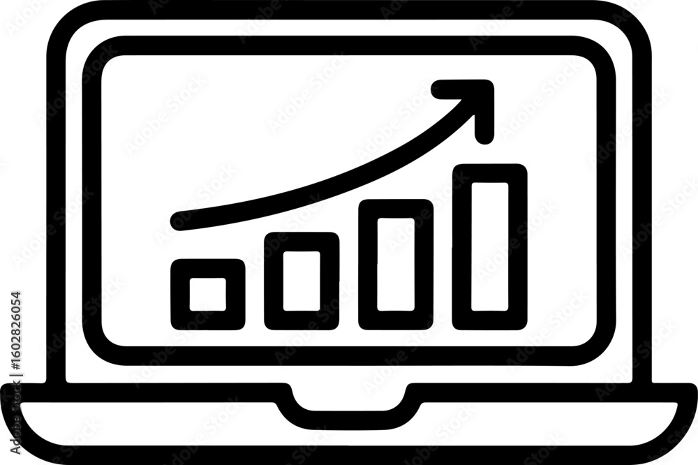 Poster laptop screen displaying a rising bar graph and upward trending arrow representing business growth a