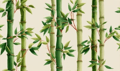 Bamboo stalks stand tall and aligned, displaying a striking arrangement that captures the essence of nature. Each stalk is framed by lush green leaves, emphasizing balance and serenity