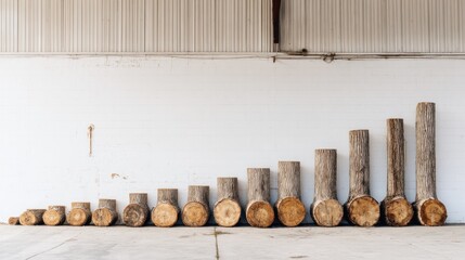 Wooden logs of varying sizes, displayed in a neat line on the floor of an outdoor storage unit. The white wall serves as a clean backdrop, emphasizing the natural textures of the wood