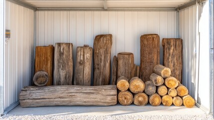 Various types of wooden logs are neatly arranged inside an outdoor storage unit. The white walls reflect sunlight, creating a bright and organized space