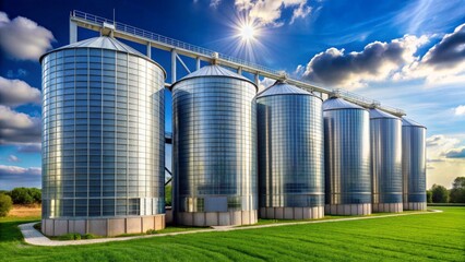 Modern agricultural storage silos under a vibrant sky, showcasing efficient grain handling and preservation techniques in a rural setting.
