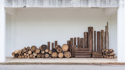 Various logs and timber pieces are neatly stacked in an outdoor storage unit with a plain white wall in the background, showcasing different sizes and textures of wood
