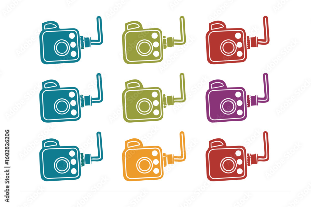 Aufkleber a vibrant collection of nine retro style cameras each rendered in a distinct bold color arranged in 