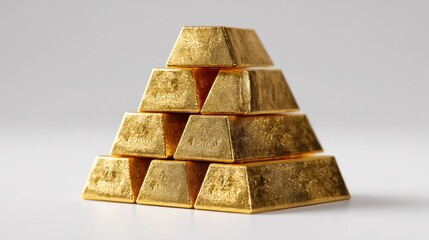 A perfectly arranged pyramid of shiny gold bars gleams under soft lighting, emphasizing their luxurious texture. This display highlights the elegance and value of gold