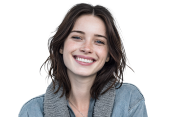 Smiling young woman studio setting portrait photography bright mood. Isolated on transparent background, png.