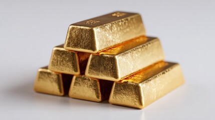 In a minimalist setting, a pyramid of shiny gold bars is neatly stacked, reflecting light and symbolizing wealth, success, and luxury in finance and investment
