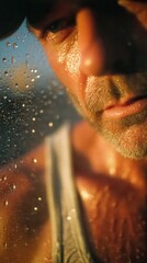 In August, a man stands close to a window, sunlight glimmering on his skin, accentuating the raindrops on the glass. The atmosphere conveys a moment of reflection and warmth