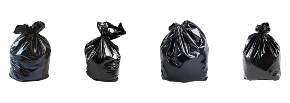 A collection of black plastic trash bags containing crumpled paper waste isolated on a transparent background. PNG