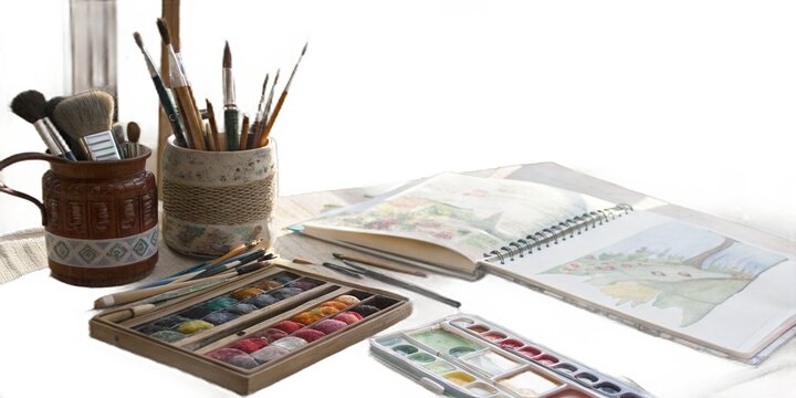Artist s workspace with paintbrushes watercolors and sketchpad - Powered by Adobe