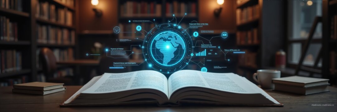 An open book in a library with digital graphics representing global connections and data analytics, illustrating the fusion of knowledge and technology. - Powered by Adobe