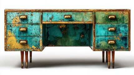 A large rustic desk featuring a vibrant turquoise finish with gold hardware stands prominently against a complementary backdrop. The desk showcases an artistic, weathered design that adds character