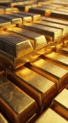 Rows of gold bars glisten in a bright golden yellow, carefully stacked to display their pristine condition. This scene showcases valuable assets ideal for luxury investments