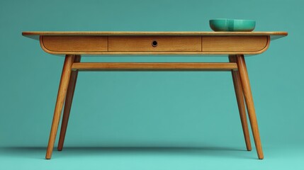The large desk features a warm wooden finish and a sleek design, complemented by a turquoise background. A stylish bowl rests atop the desk, enhancing its aesthetic appeal