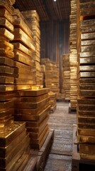 Golden yellow bars are organized in large stacks, filling a storage area. The dim lighting enhances the richness of the gold, creating an atmosphere of opulence and intrigue