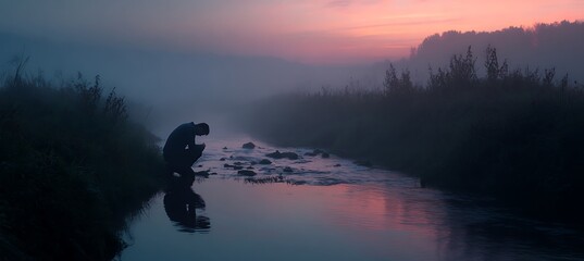 Peaceful man in prayer beside a glowing stream under early dawn light in nature