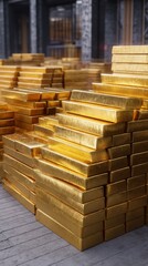 Rows of shining gold bars are neatly stacked in a spacious storage area, reflecting light beautifully. The setting hints at a valuable collection being organized for security or display
